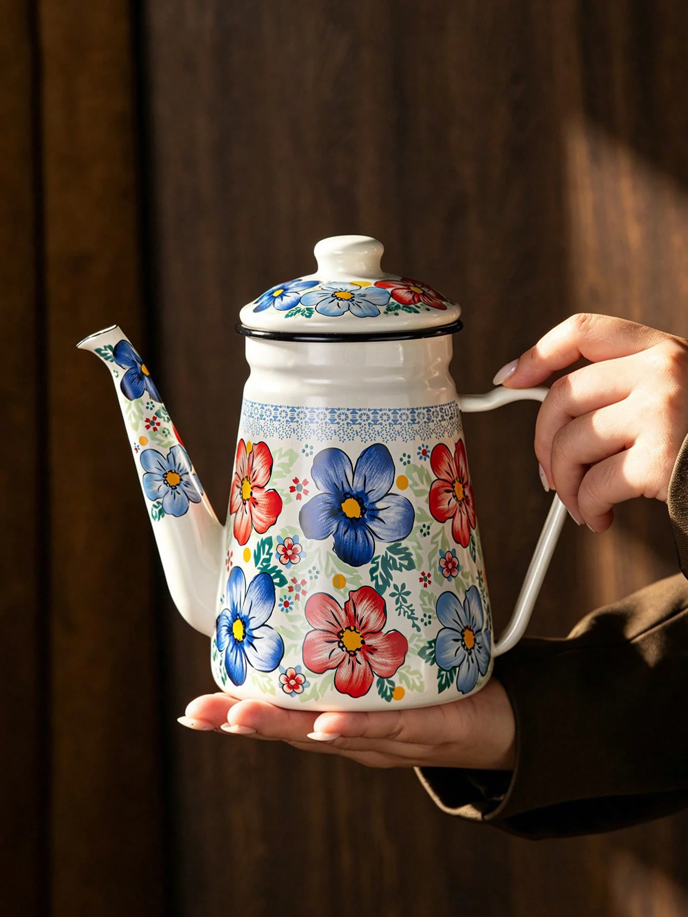Floral Pattern Enamel Teapot with Lid, Vintage Style Enamel Coffee Pot for Stovetop Safe