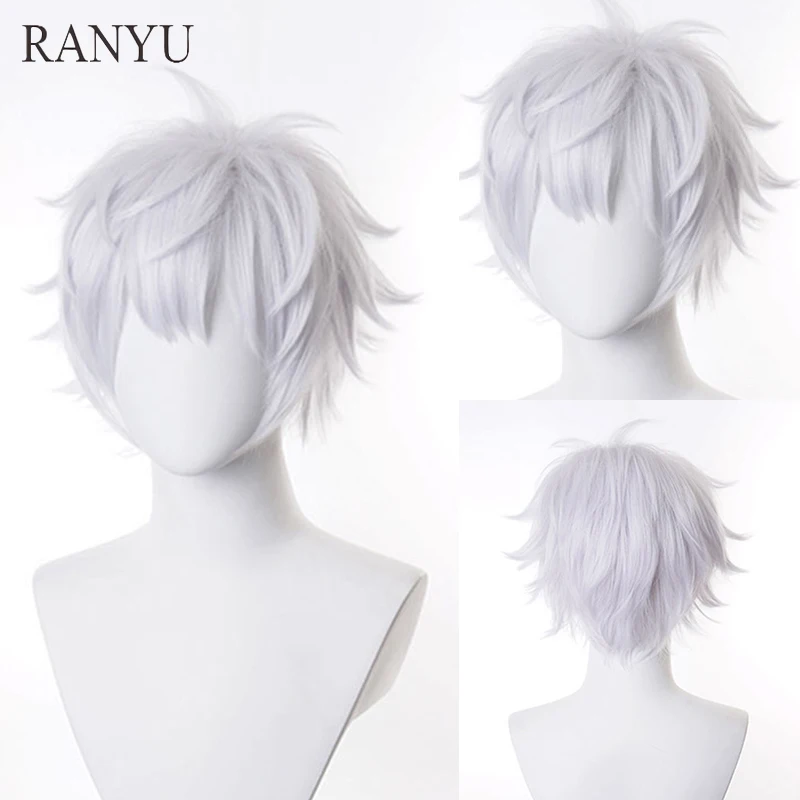 RANYU-peluca blanca para hombre, pelo corto y liso de Anime sintético, fibra de alta temperatura, para fiesta de Cosplay