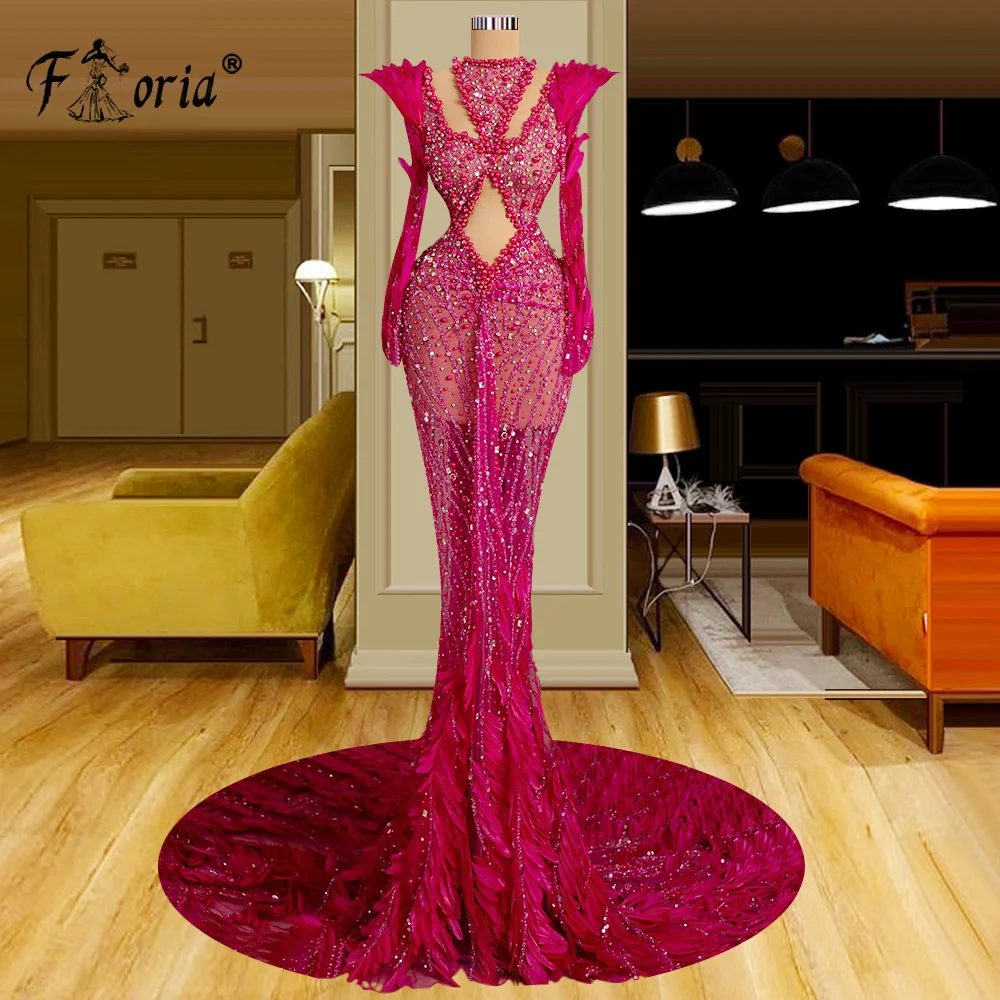 2 Designs Luxury Heavily Beaded Feathers Pearls Mermaid Evening Dress Long Sleeves Formal Event Gowns Vestidos De Festa Plus Siz