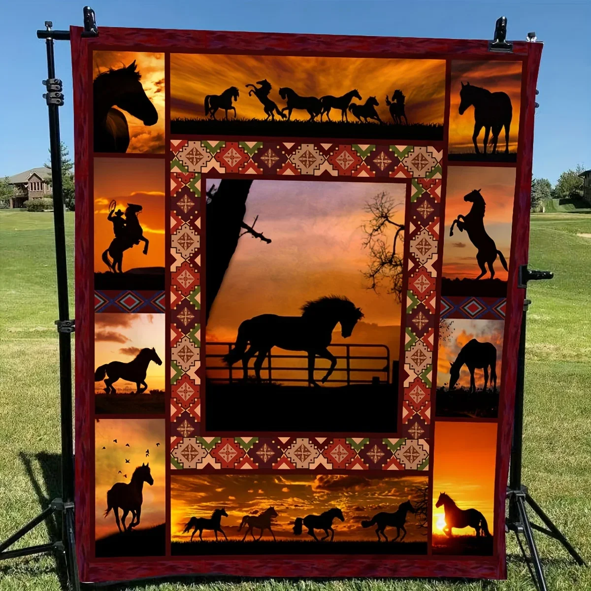 Silueta Caballos al atardecer Collage Manta suave y acogedora y elegante para decoración del hogar Regalo perfecto