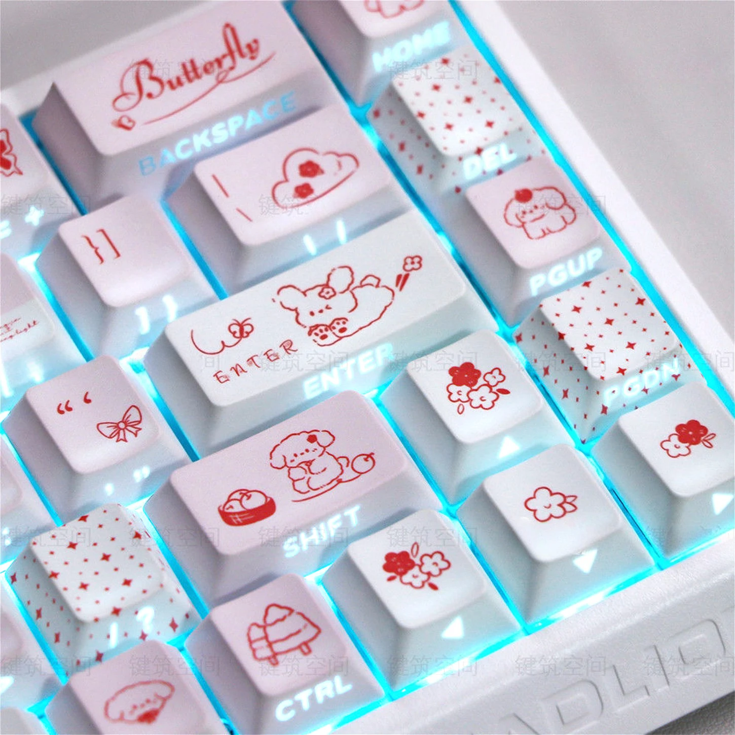 Pink Puppy, Cute Side Carved Translucent Cherry Keycap PBT 140 Keys, with A 60/65/68 Layout Mechanical Keyboard