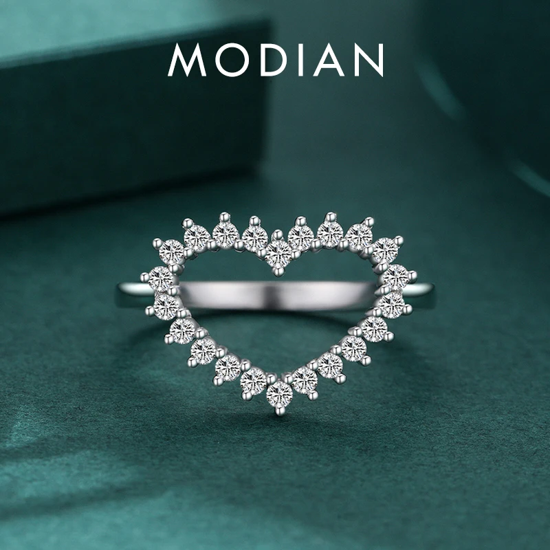 MODIAN Genuine 925 Sterling Silver Delicate Love Heart Ring Inlaid With Bright Clear CZ For Women Fine Jewelry Anniversary Gift