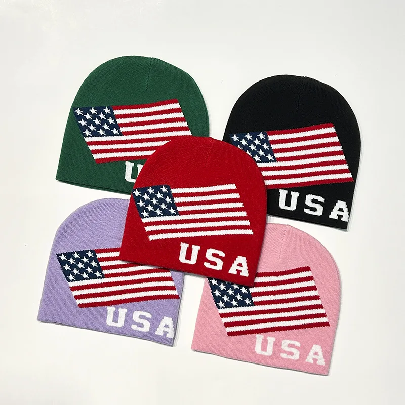 New Unisex USA American Flag Knitted Hat Letter Jacquard Autumn Winter Beanie Cap Y2k Hip Hop Street Cold Hat