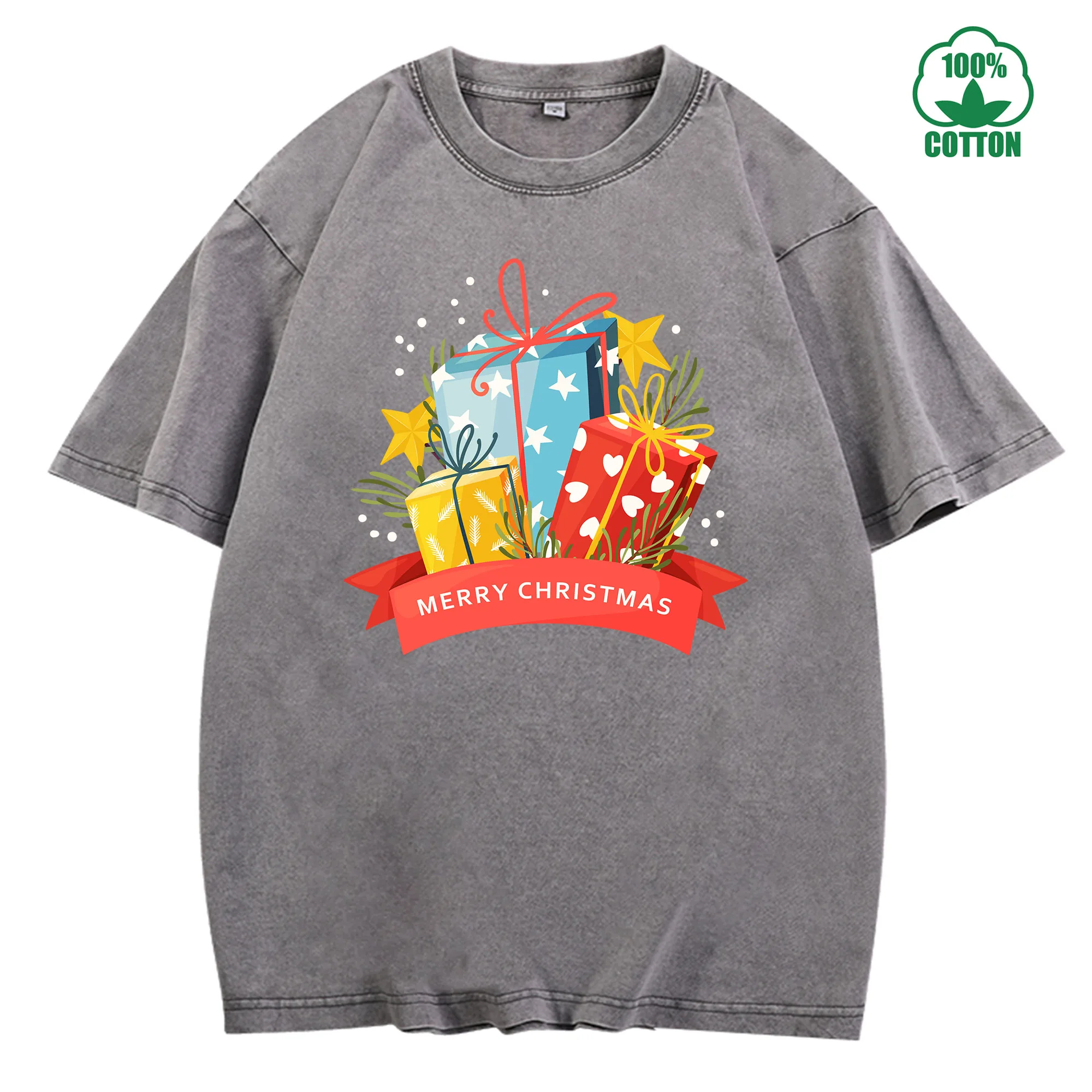 تي شيرت كلاسيكي مطبوع عليه رسومات عيد ميلاد سعيد 230 جرام 100% قطن للجنسين ملابس خروج كبيرة الحجم مريحة #3