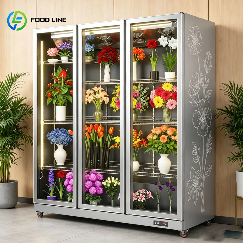 Glass Door Flower Display Cabinet Refrigerated Florist Cooler Supermarket Fresh Flower Fridge LED Showcase Customized