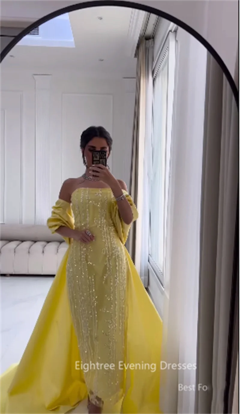 Eightree Glitter Yellow Lace Sequined Mermaid Evening Dresses Off the Shoulder Elegant Prom Gowns Arabic Formal Occasion Dress