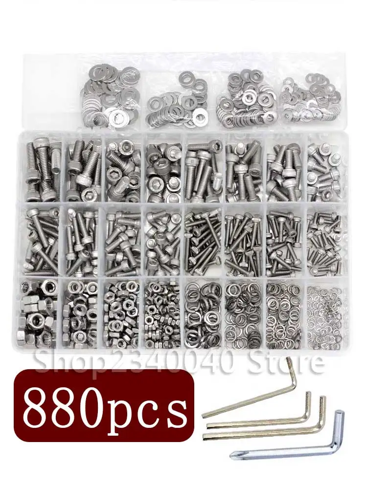 880Pcs M3 M4 M5 M6 Stainless Steel Metric Hex Socket Head Hex Socket Bolts and Nuts Set and Washers Assortment Kit  With Wrenchs