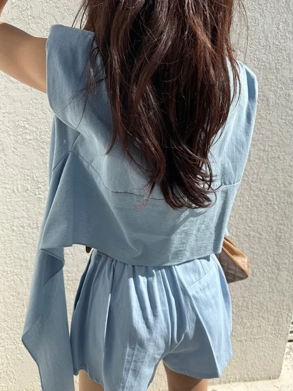 韓国デザイン非対称デニムベストシャツ女性の夏の新しいヴィンテージハイウエストカジュアルショーツセットレディースファッションスウェットシャツ