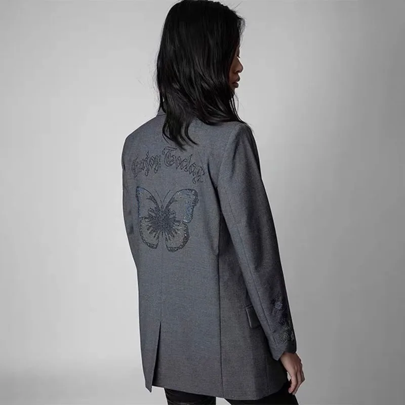 Zadig Butterfly Suit Female Causal Grey Blazer Women Fashion Diamonds Lapel Suits Chic Elegant Blazers Pocket Button Coat Tops