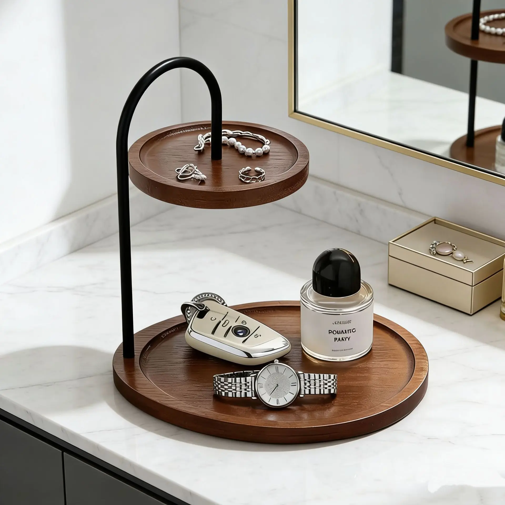 Solid Wood 2-Tier Desk Organizer, Natural Oak Shelf for Keys/Perfume/Cosmetics with Raised Edge, Countertop Storage Tray