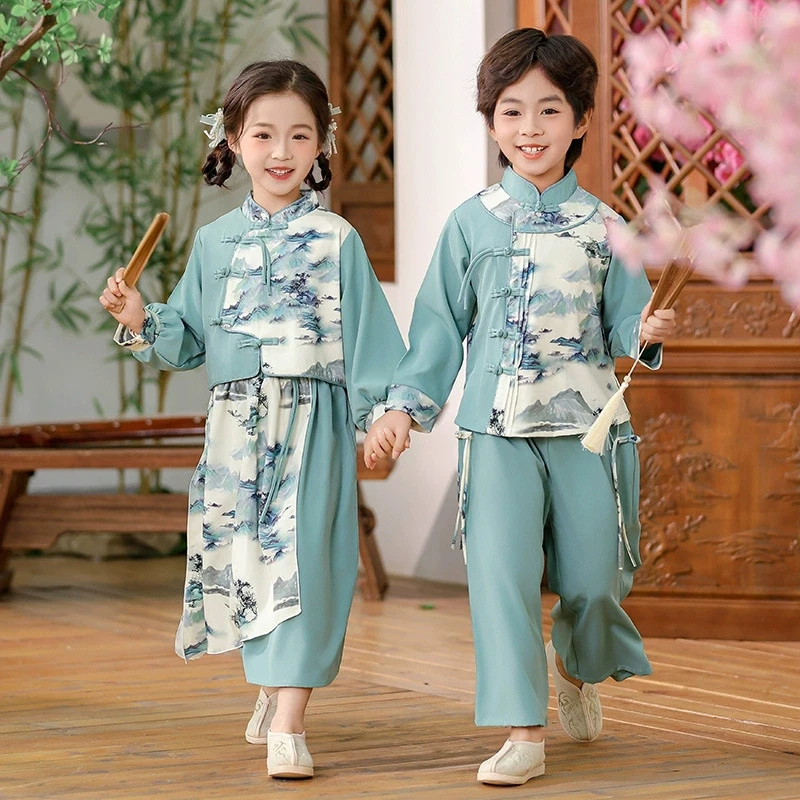 2025 Lente Nieuwe Jongens En Meisje Retro Traditionele Schooluniform Kinderen Tweedelige Tang Pak Hanfu Chinese Kinderen Voeren Costum