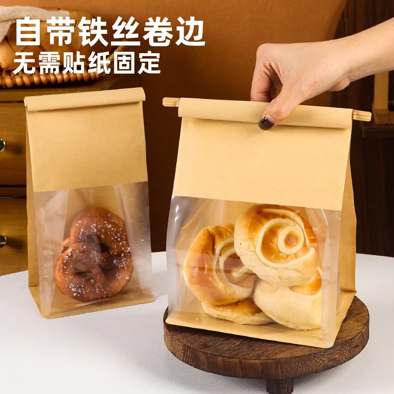 50pcs Baking Packaging Bags for Bread Kraft Paper Eight-Sided Sealed Transparent Windowed Bag for Toast Bread