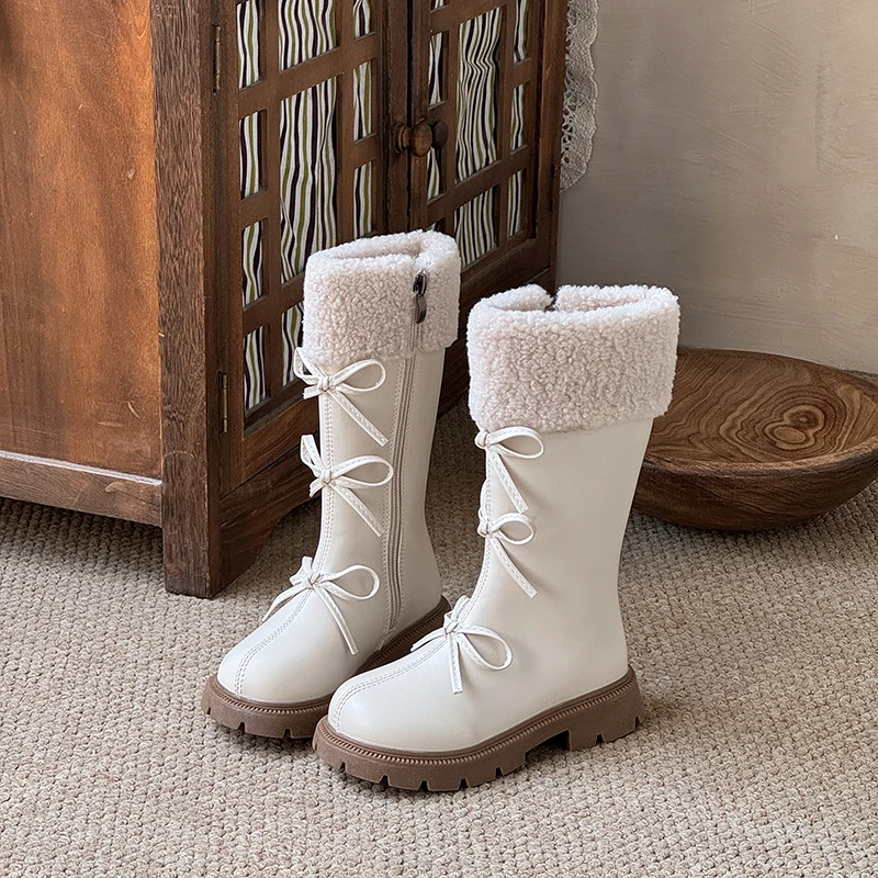 Girl's Padded Fashion Long Boots 3-18 Years Old Beige Thickened Warm Children's Leather Boots Black Fur Kids High Boots Shoes