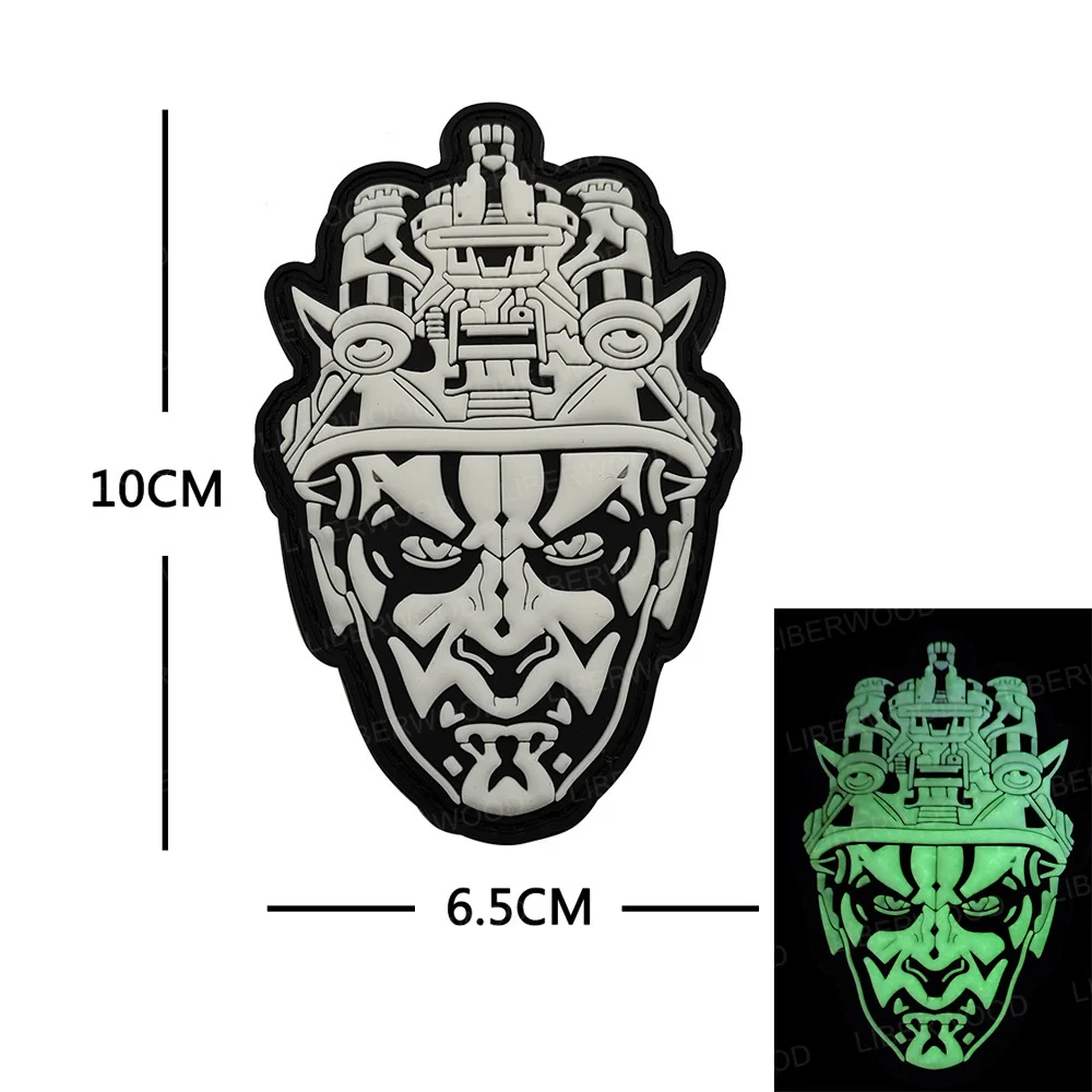 PVC Japanese Devil Mask Patch Death God Hannya Mask Monster Samurai Tactical Badge Halloween Applique with Hook (White Glow)