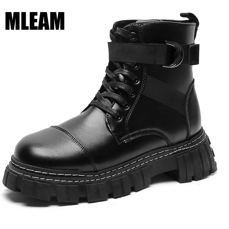 Mens Fashion Leather Boots 2023 New Autumn Winter Ankle Boots Men Women British Punk High-top Shoes Motorcycle Platform Booties