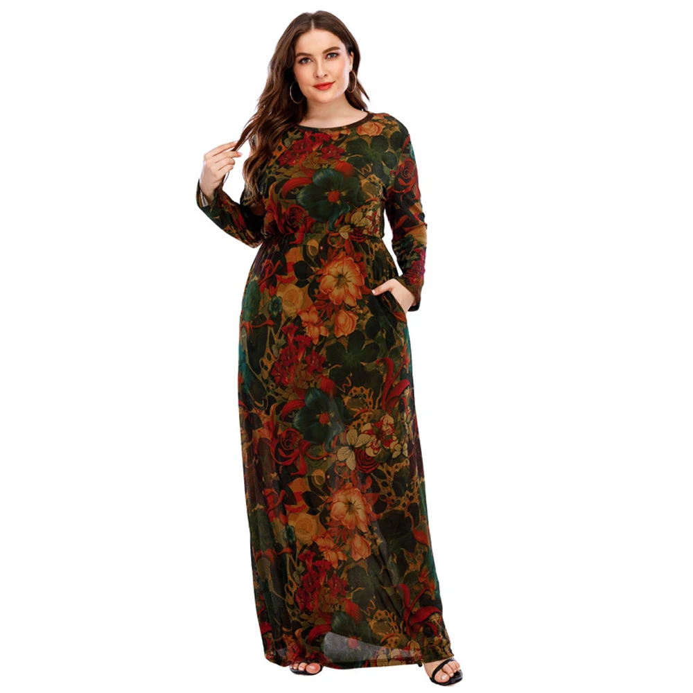 XL-6XL Curvy Ladies Dresses 2024 With Long Sleeve Elegant Dress For Chubby Plus Size Clothing Mother Gift 40 50 60 Years Old