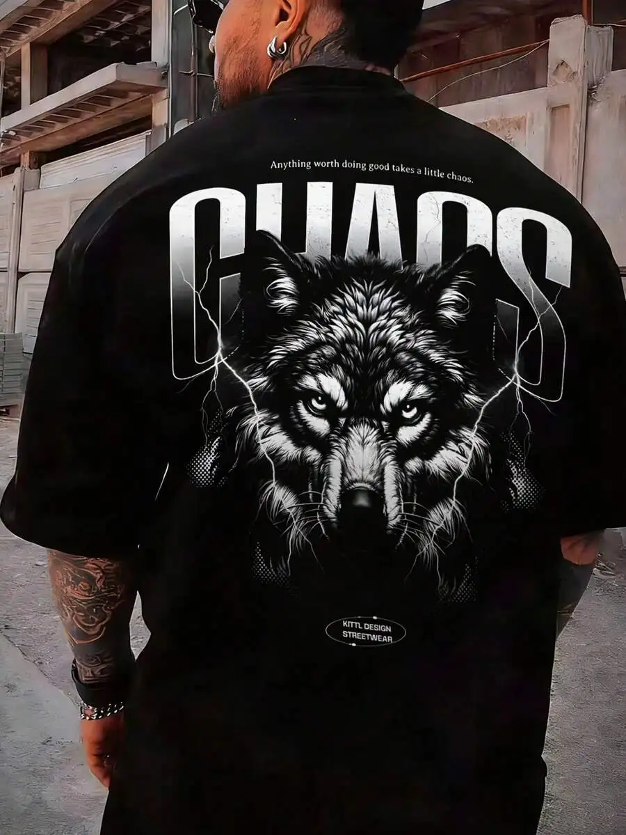 Men's Spring/Summer Casual Outdoor Sports Street Wolf Element Print Short Sleeve T-Shirt, Leading Fashion