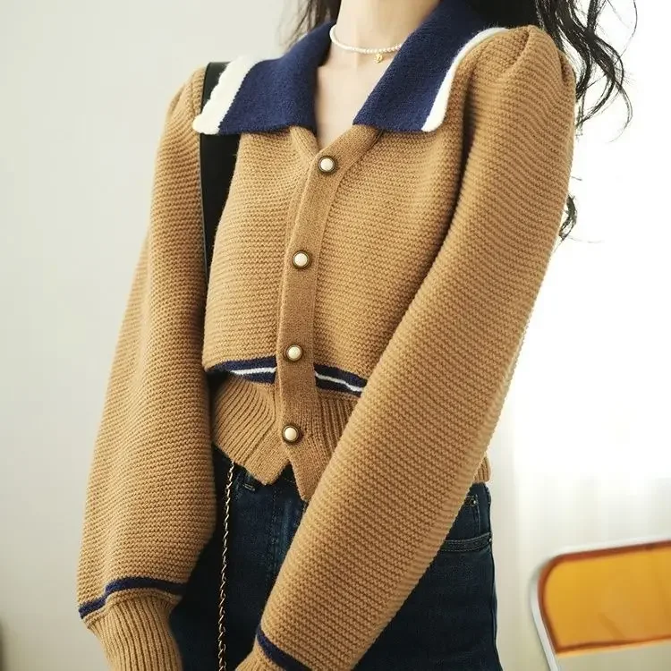 Fall/Winter 2023 Vintage Contrast Color Doll Collar Lantern Sleeve Sweater Temperament Coat Female Cardigan Soft Sweater