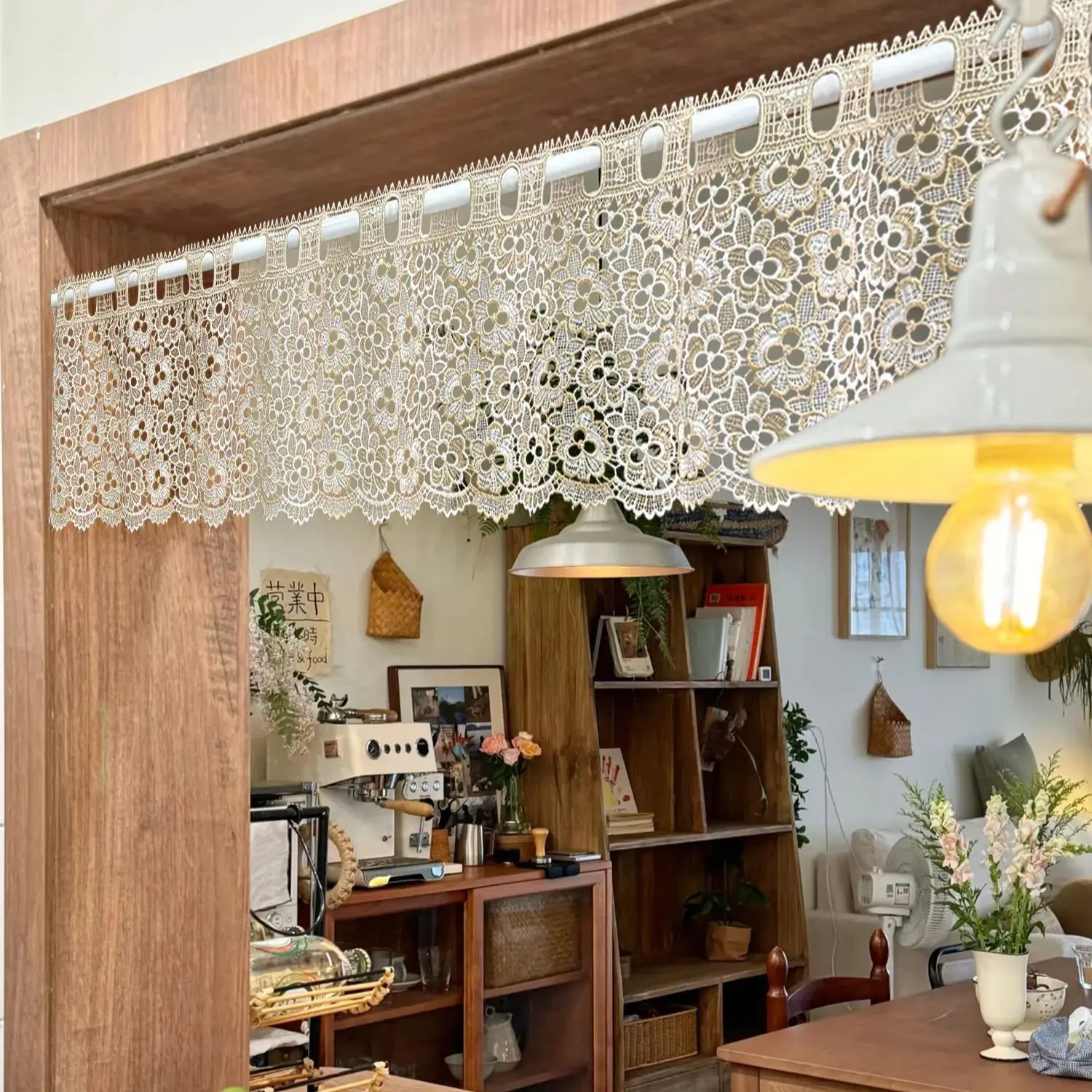 Exquisite Beige Lace Valance Curtain Hollow Floral Crochet Window Drapes for Kitchen Cabinet Doorway Vintage Elegance Home Decor