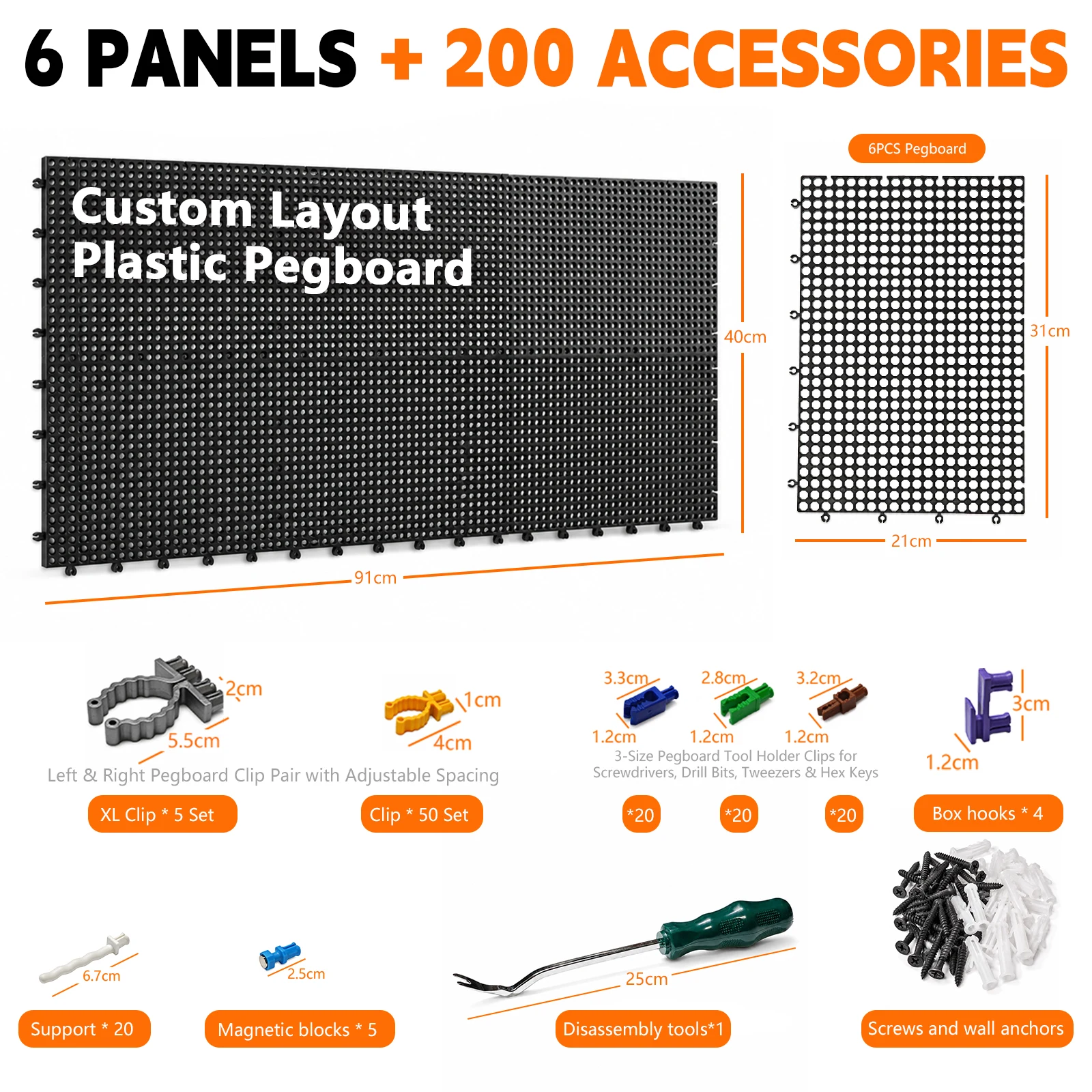 Plastic Pegboard Wall Storage Kit, 6 Panels Black 40 X 91 cm, 428 Accessories, Hooks, Clips, and Boxes, Modular Tool Storage Boa