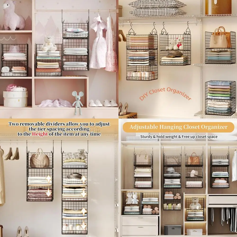 

5-уровневый подвесной органайзер для шкафа с 4 крючками, регулируемыми перегородками и складными корзинами для одежды, аксессуаров и многого другого