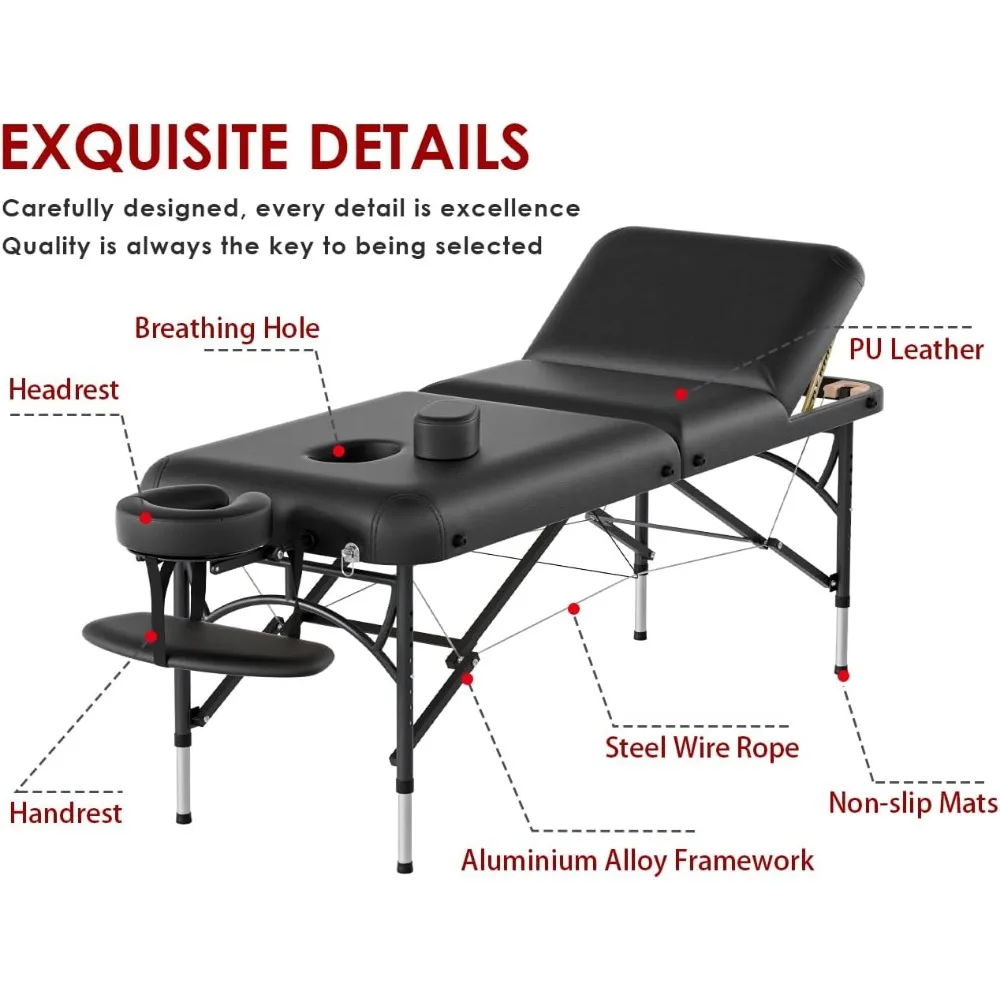 CLORIS 84" Professional Massage Table Portable 3 Fold Memory Foam Aluminium Leg Hold Up to 1100LBS Lightweight Spa Salon