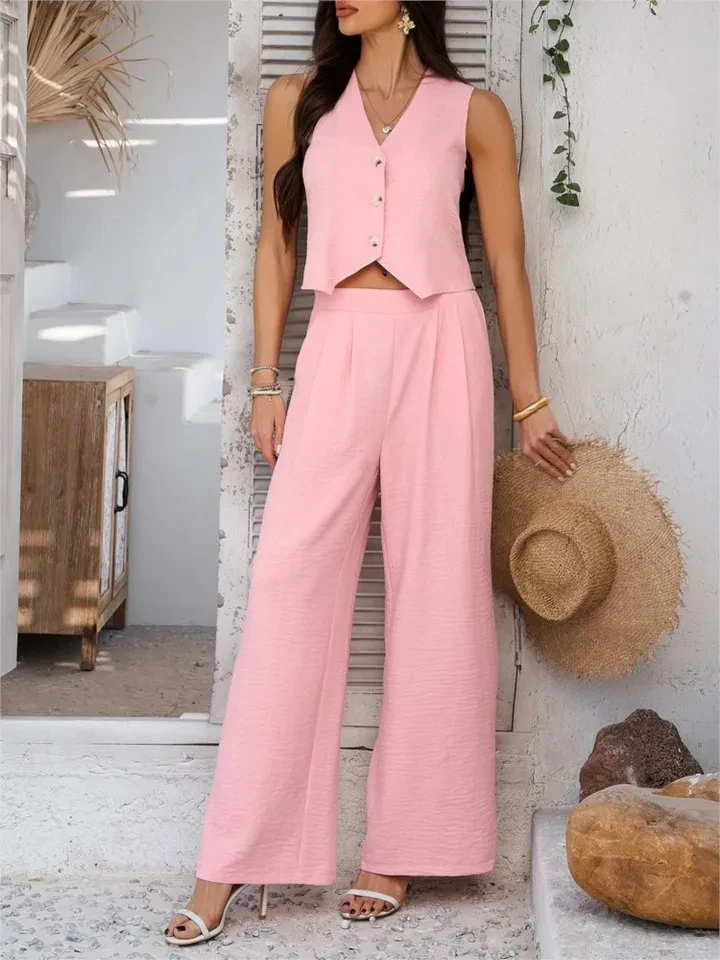 

Casual Ultra-short Waistcoat V-neck Women's Set Summer New Fashion Loose Wide-leg Trousers Elegant Women's Vacation 2-piece Set