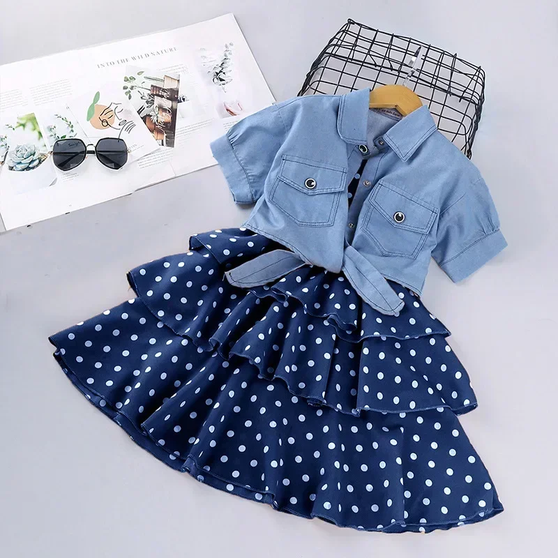 2Pcs Kids Dresses for Girls Elegant Sling Princess Dress Blue Denim Jacket 3-11 Years Girl Flower Dress Summer Children Clothes