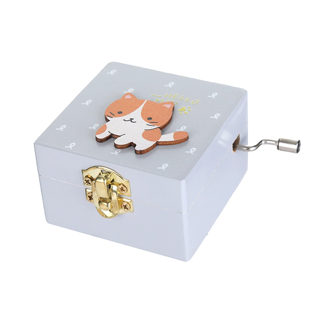 

Wooden Music Box Hand-cranked Kitten Shaped Miniature Wind Up Handmade Mechanical Rotation Box for Birthday Valentine's Gift