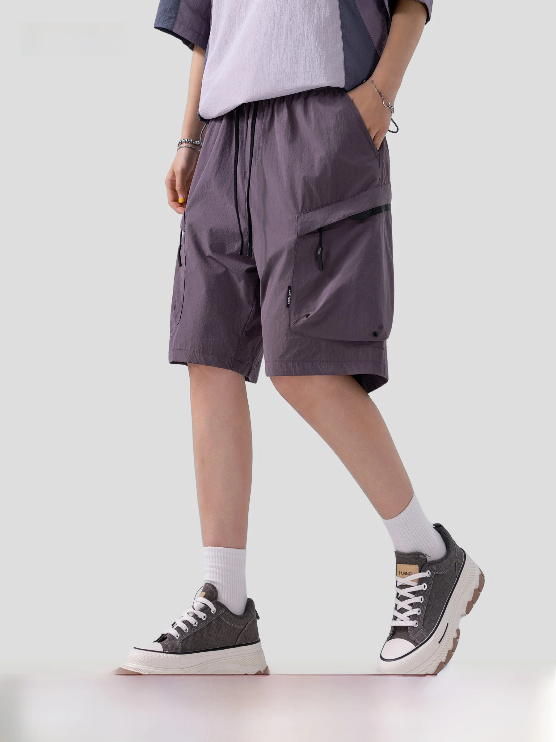 AOGZ Zipper Large Pocket Quick Dry Workwear Shorts Men Women Summer Thin Fashion Loose Couple Straight Five-Quarter Pants