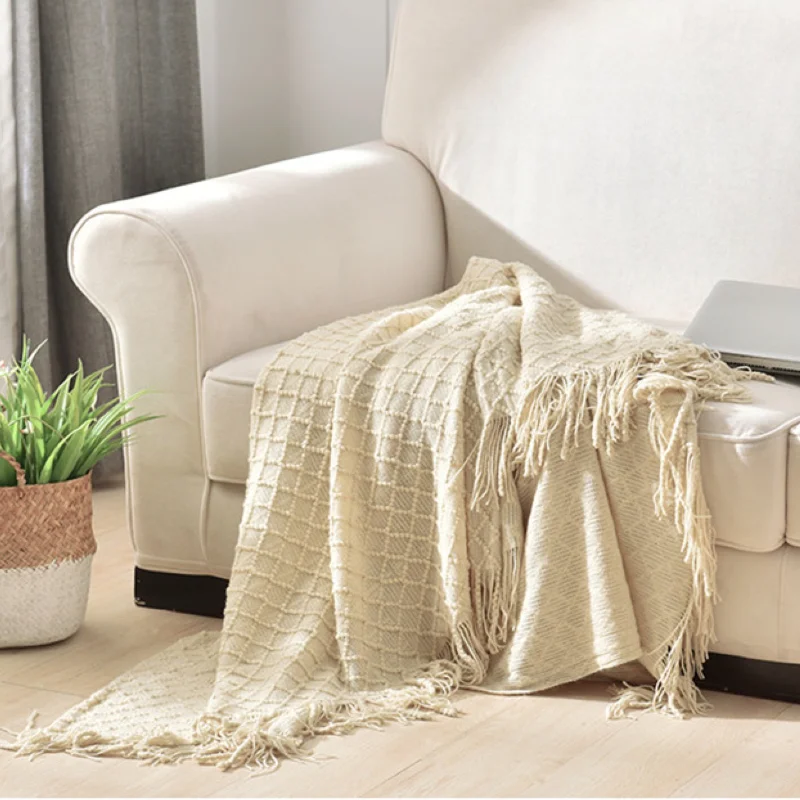 Mustard Yellow Textured Knit Throw Blanket Boho Diamond Pattern Sofa Cover with Fringe Cozy Chunky Cable Knit Bed Runner Decor