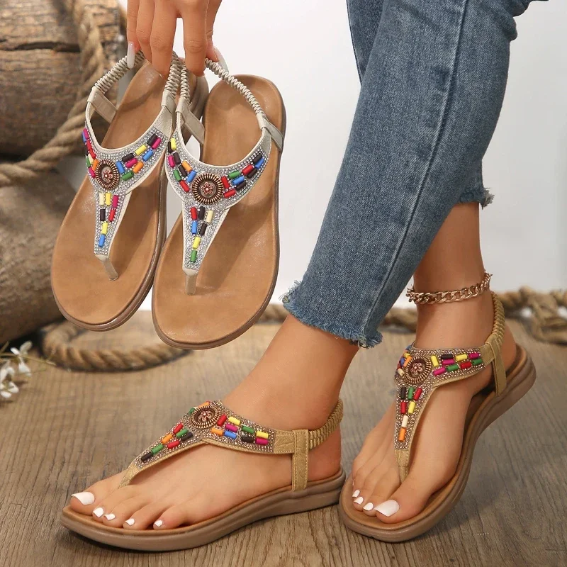 

Luxury Women's Bohemian Sandals 2024 New Womens Roman Sandals Anti-slip Beach Shoes Colorful Beads Summer Zapatos Para Mujeres