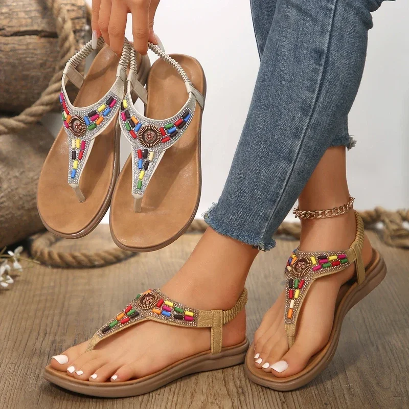 Luxury Women\'s Bohemian Sandals 2024 New Womens Roman Sandals Anti-slip Beach Shoes Colorful Beads Summer Zapatos Para Mujeres