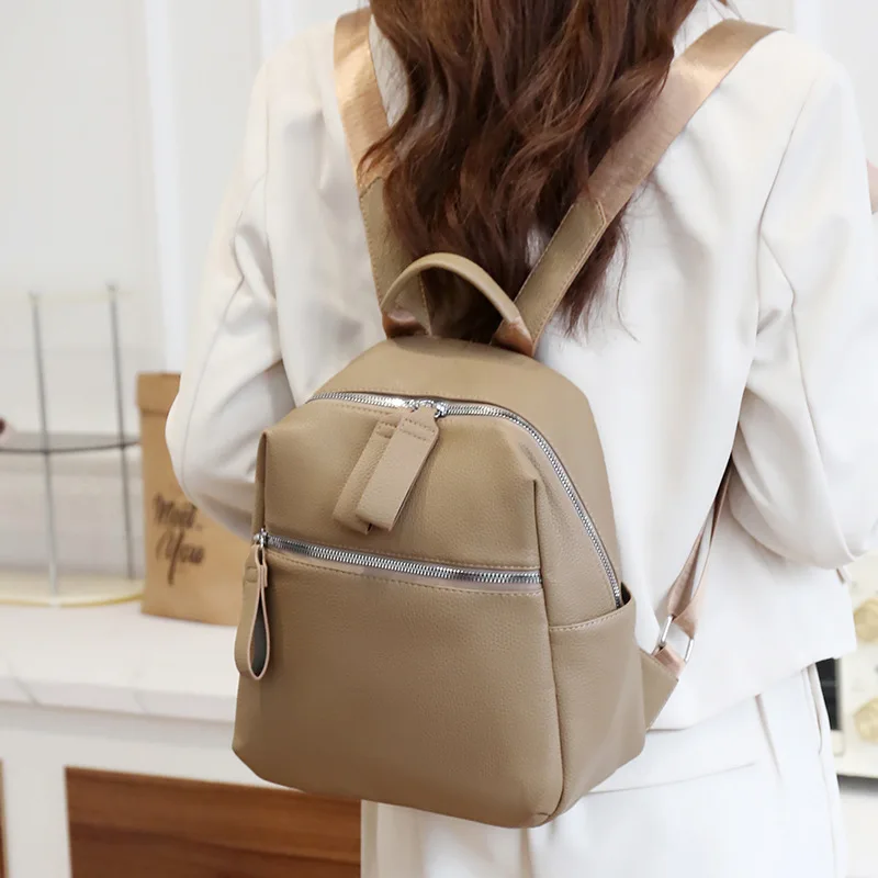 Minimalist PU Soft Leather Backpack  for Women Fashion Multipurpose Handbag Ladies Shoulder Bag with Front Back Zipper pock