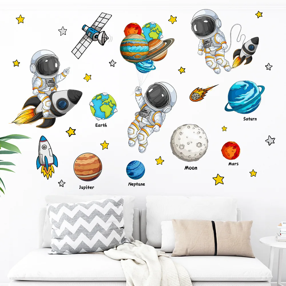 Cute Cartoon Planet Rocket Astronaut Self‑Adhesive Wall Sticker Wall Decal for Kids Room Kindergarten Home Decor