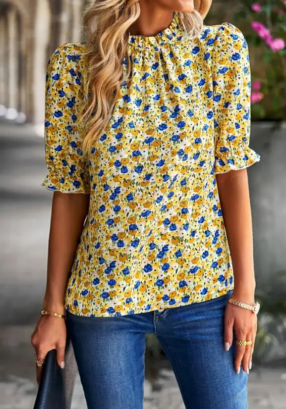 

Top Women 2026 Spring Summer Fashion New Floral Print Short Sleeved Casual Mock Neck Versatile Daily Vacation T-Shirt Top