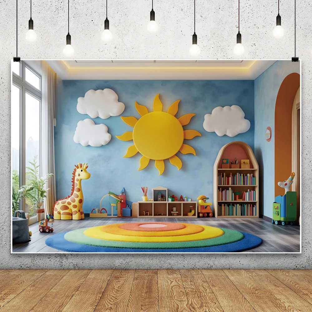 My Kindergarten First Day Background Classroom Bookshelf Giraffe Cartoon Sun Blue Sky Cloud Decor Baby Portrait Photo Backdrop