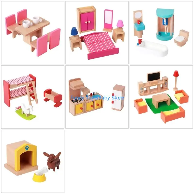 أطفال التظاهر اللعب أثاث خشبي Mniature مجموعة غرفة نوم المطبخ الحمام المشهد اكسسوارات للطفل لعب الأدوار لعبة C90B #1