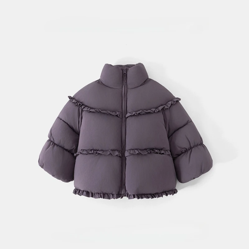 

2025 Winter New Girl's Purple Half High Collar Lace Decoration Warm Thickened Cotton Jacket