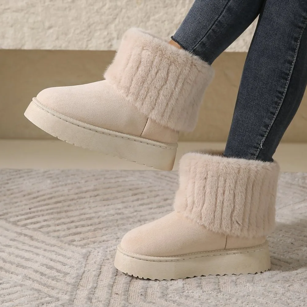 Chaussures d'hiver pour femmes, bottes noires à bout rond, en fourrure pelucheuse, chaudes, à talon moyen, imperméables, décontractées, bottes de neige pour femmes
