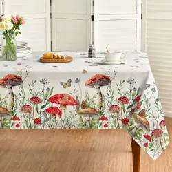 Spring Summer Mushroom Wild Flower Waterproof Tablecloth Party Decor Washable Rectangle Dining Tablecloth Wedding Decorations