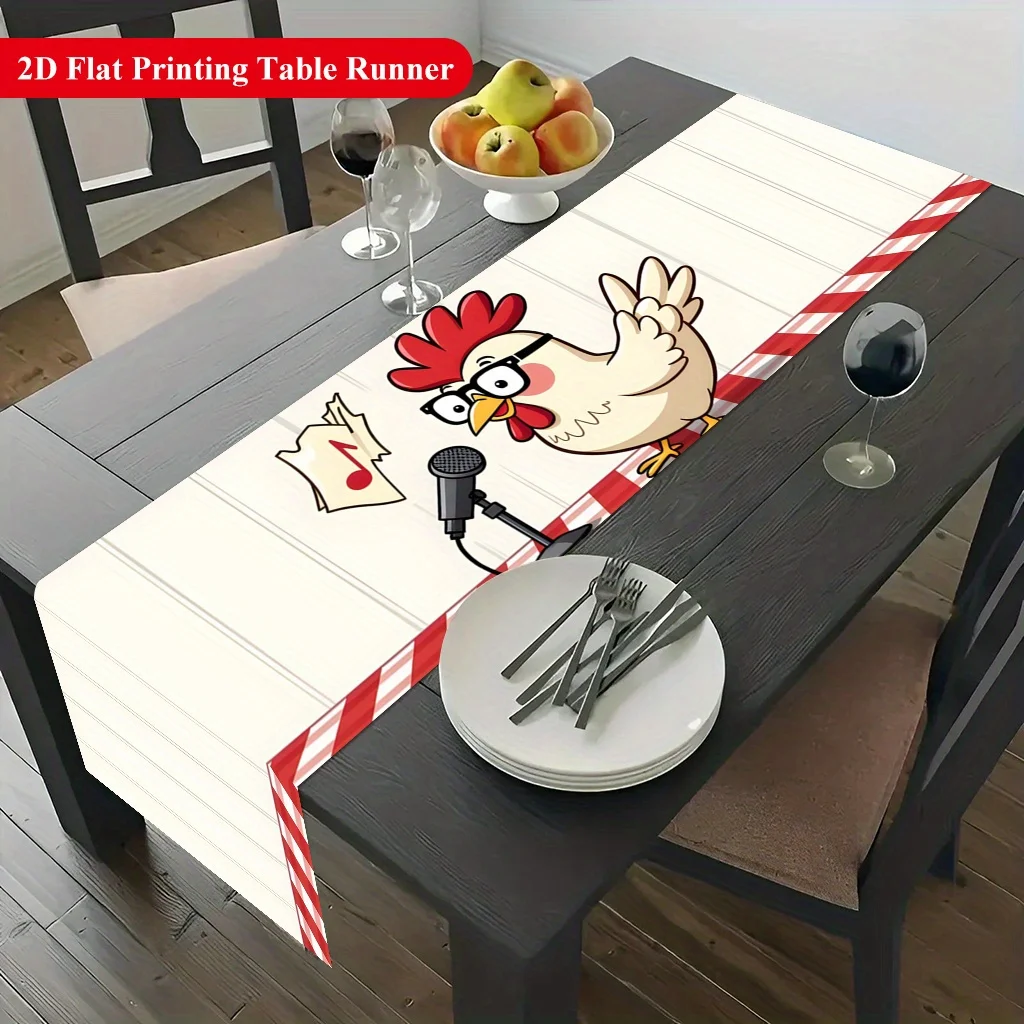 1pc 2D Flat Table Runner, Singing Chicken With Glasses Printed Rectangle Table Runner, Decor for Dining Table, Coffee Table