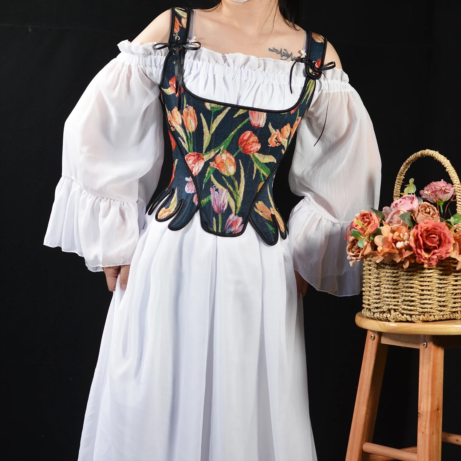 

Женский корсет с цветочным принтом, корректирующий талию, топы, винтажный дворец, лиф на шнуровке, бюстье на костях, сценические костюмы