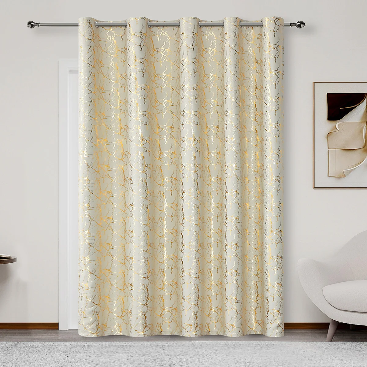 Champagne Crack Print Blcakout Grommet Top Curtain, Metallic Gold Drapes Living Room And Bedroom Darkening Window Curtain