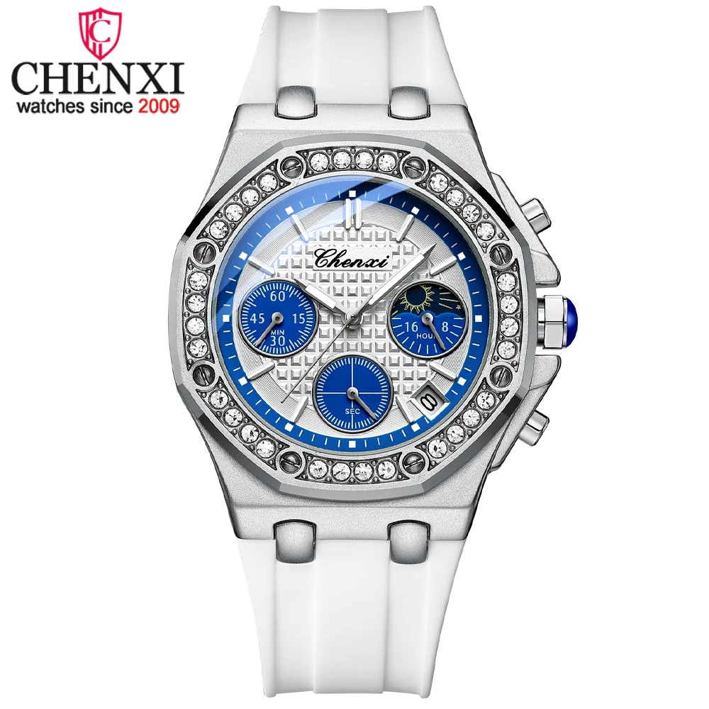 CHENXI New Fashion Women Watch Rhinestone Case Chronograph Luxury Ladies Wristwatch Waterproof Quartz Luminous Watches