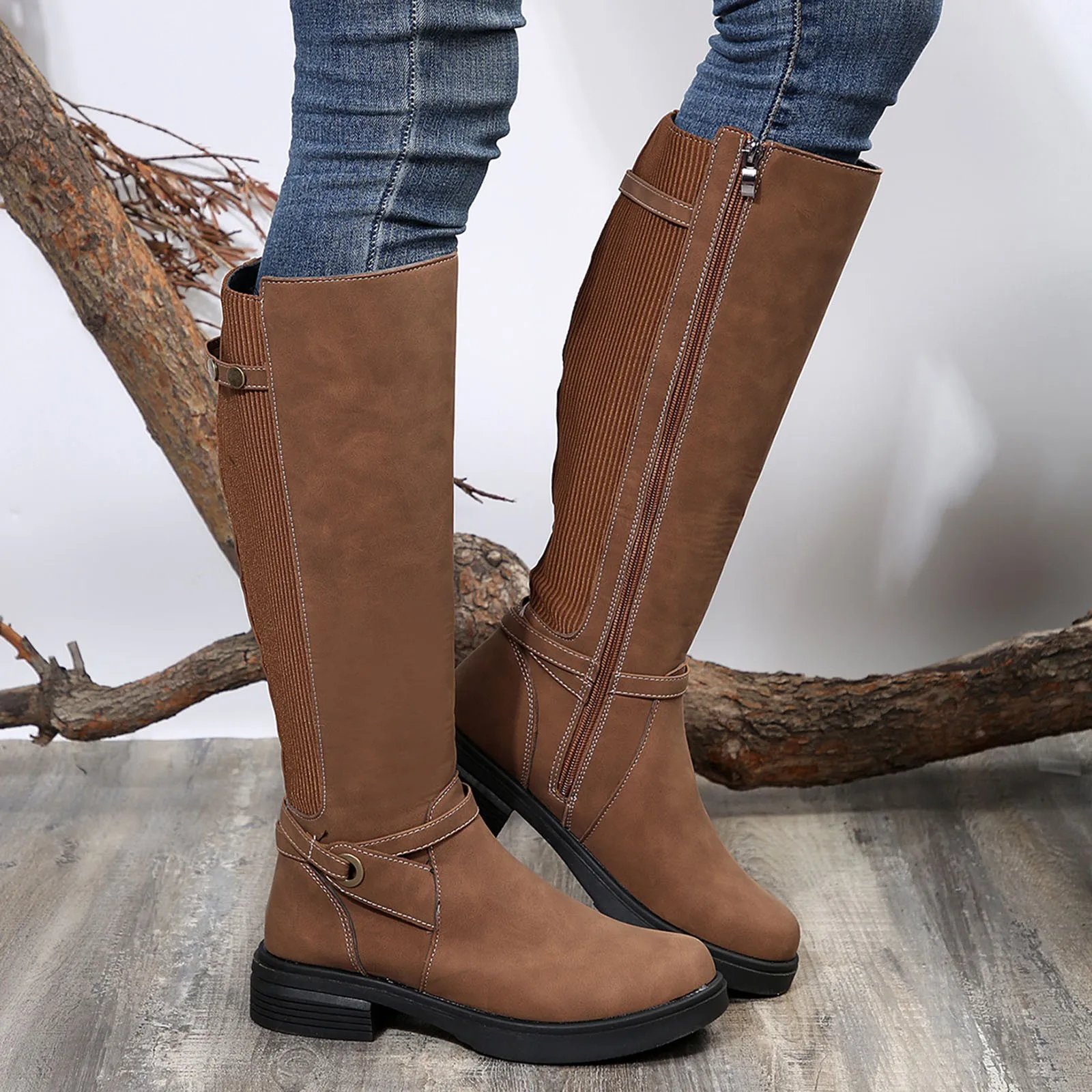 المرأة شقة حذاء برقبة للركبة جولة تو الجانب سستة المرقعة أحذية طويلة الانزلاق على مريحة حذاء من الجلد غير رسمي بوتاس موهير #1