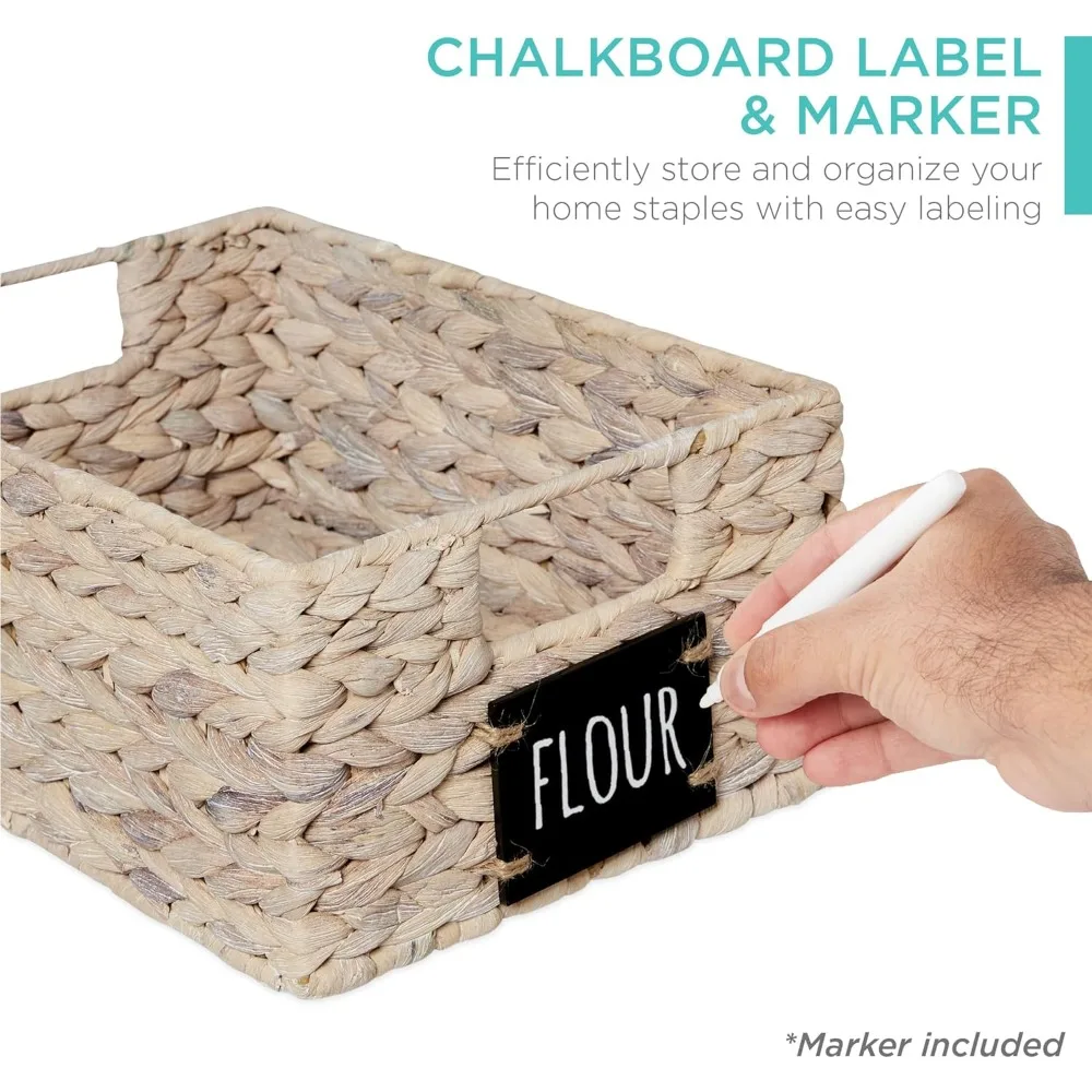 

Set of 4 Water Hyacinth Pantry Baskets, Woven Organizers w/Chalkboard Label, Chalk Marker - White