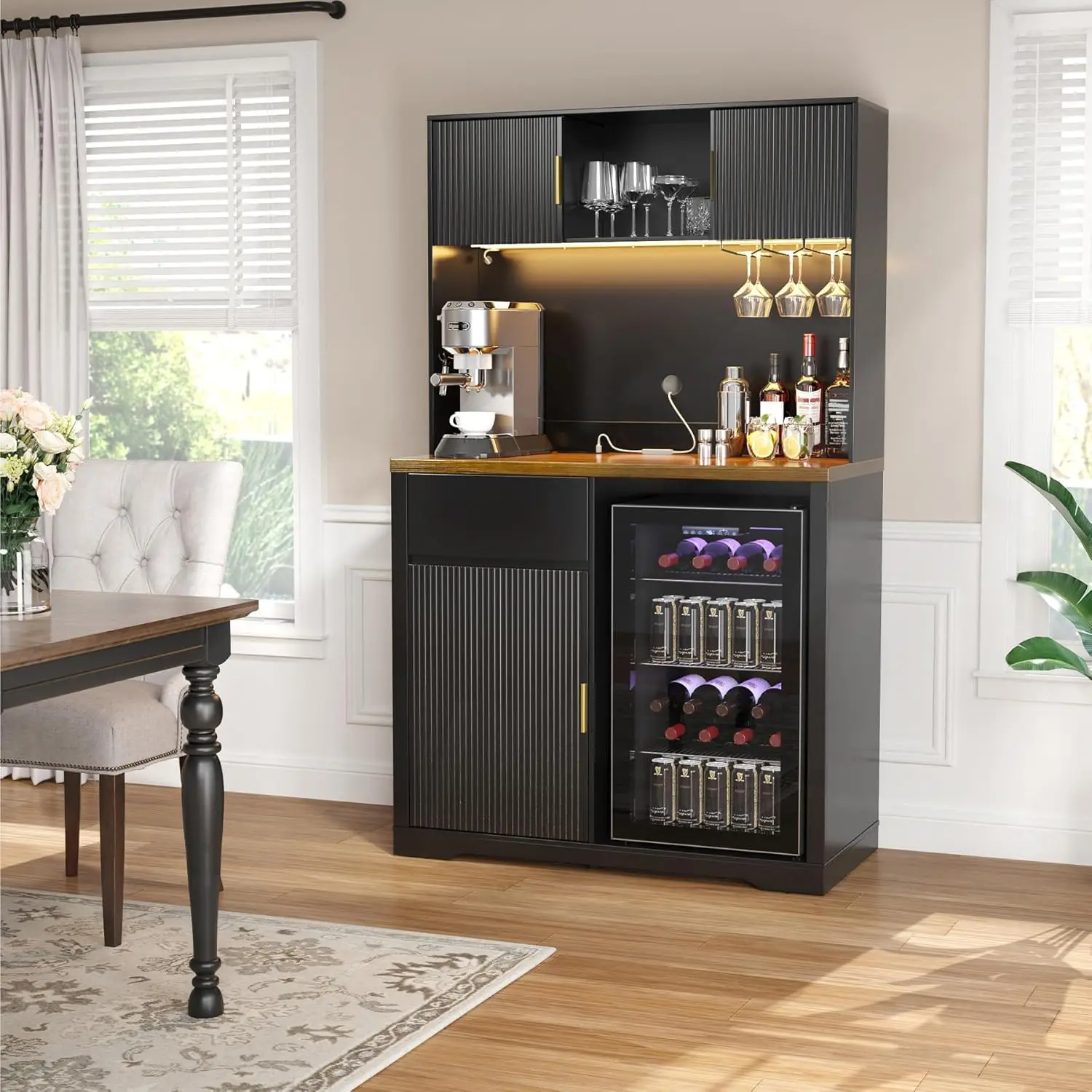 Armário de Bar Alto de 72 Polegadas com Geladeira, Aparador de Café e Bebidas com Iluminação LED, Bar Personalizável para Casa