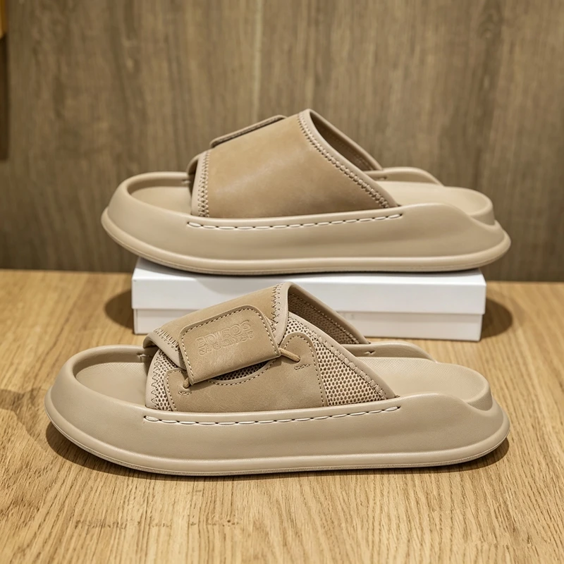 New Summer Men Adjustable Hook And Loop Slippers Open Toe Thick Bottom Soft Cloud Feeling Beach Slide Sandals Non Slip Casual