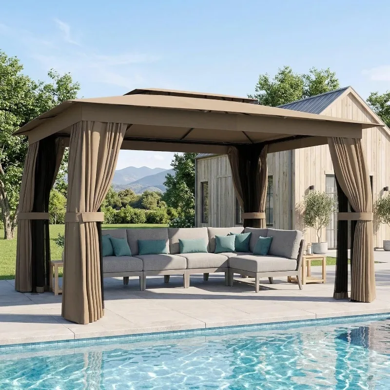 

Outsunny 10' x 12' Outdoor Patio Gazebo,Heavy Duty Gazebo Canopy Shelter with Double Roof, Curtains, Netting, Steel Frame, UPF30